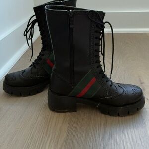 Black Lace-Up Boots with Green and Red Stripes